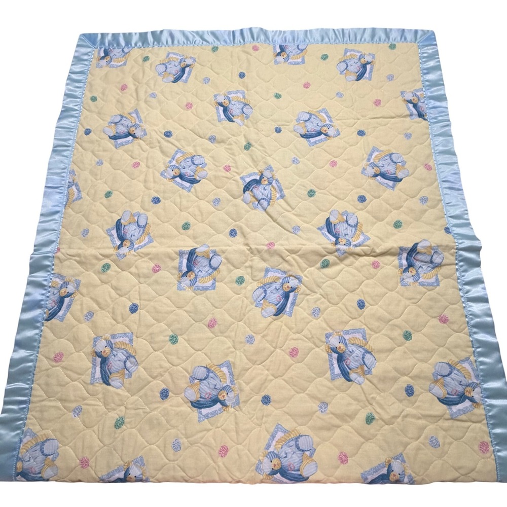 Vintage Quilted Baby Blanket Teddy Bear Bunny Puppy Blue Yellow Satin Trim 35x45